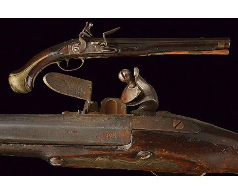 dating: Mid 18th Century provenance: France, Smooth-bore, two-stage, 17 mm cal. barrel, with fore-sight. Lock with flat plate