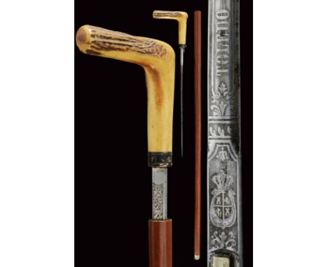 dating: circa 1900 provenance: Europe, Fine, short, double-edged blade with tang finely engraved with Spanish coat of arms, '