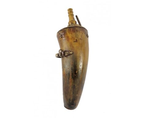 dating: early 18th Century provenance: Spain, Curved, cow-horn body. The bottom and the upper lid made of iron. Iron hook, pr