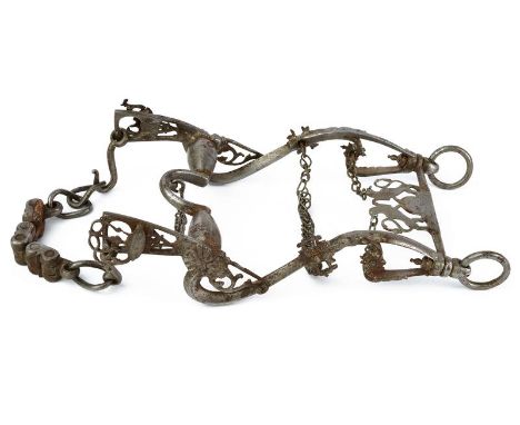 dating: 17th Century provenance: France, Made of iron, carved guards ending with round rings articulated on animal's jaws in-