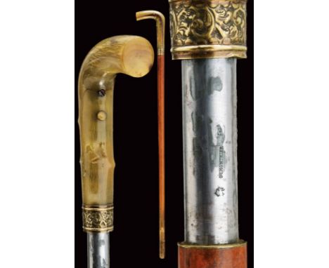 dating: about 1870 provenance: France, Round, 11 mm cal. barrel, covered with wood (damaged near the nozzle); angled, horn gr