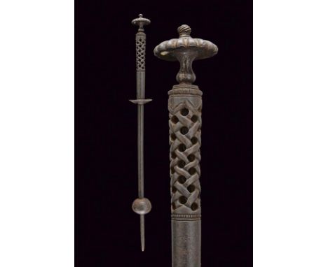 dating: 18th/19th Century provenance: India, Made of iron, grip with fretwork volutes, flattened and rayed pommel, button wit