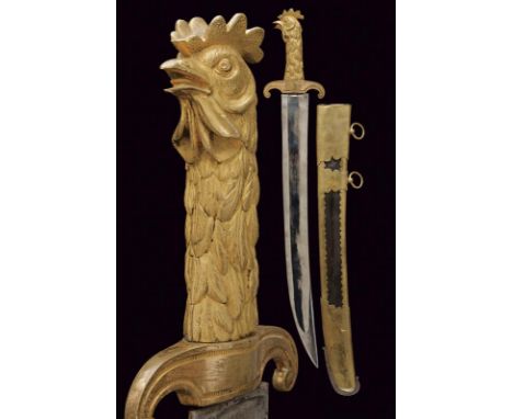 dating: 1830-40 provenance: France, Wide and heavy, single-and false-edged blade, with short tang. Solid, gilded brass hilt, 