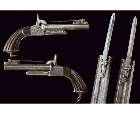 dating: about 1870 provenance: Europe, Smoothbore, octagonal, 10 mm cal. barrels with folding bayonet; boxlock-type frames en