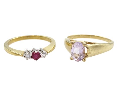 Gold three stone ruby and round brilliant cut diamond ring and a gold single stone kunzite ring, both hallmarked 9ctCondition