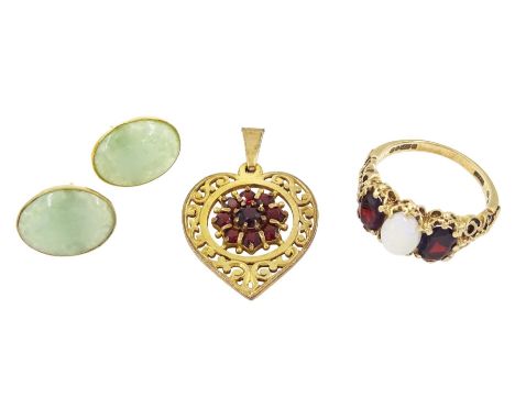 Gold three stone opal and garnet ring, gold garnet heart pendant, both hallmarked 9ct and a pair of 14ct gold jade stud earri