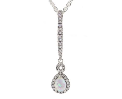 Silver pear shaped opal and cubic zirconia pendant necklace, stamped 925 Condition Report:Pendant length = 3.7cm, good condit
