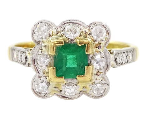 Gold square cut emerald and single cut diamond cluster ring, stamped 18ct & Plat, emerald approx 0.40 carat, total diamond we