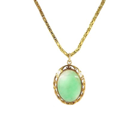 Gold oval jade pendant, on gold Byzantine link chain necklace, both 14ctCondition Report:Pendant approx 5.15gm, dimensions = 