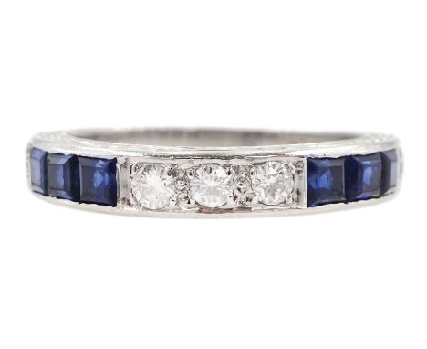 18ct white gold round brilliant cut diamond and calibre cut sapphire half eternity ring, London 1972, total diamond weight ap