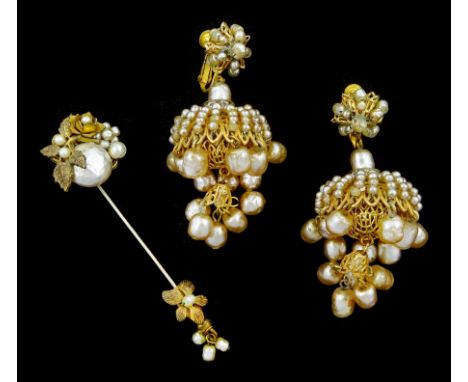 Miriam Haskell pair of simulated pearl and paste stone set screw back earrings and a similar simulated pearl stick pin, all s