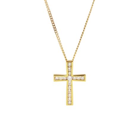 18ct gold channel set round brilliant cut diamond cross pendant, on 9ct gold curb link chain necklace, total diamond weight a