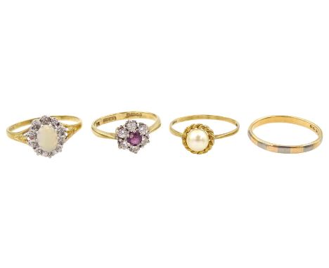 Gold opal and diamond cluster ring, single stone pearl and garnet and cubic zirconia ring, all 9ct and an 18ct gold wedding b