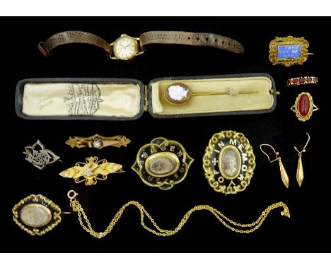 Gold carnelian ring, gold five stone garnet ring, pair of earrings, Rotary wristwatch and a swallow brooch, all 9ct, three go