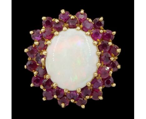 9ct gold opal and garnet cluster ring, hallmarkedCondition Report:Approx 7.6gm, size P-Q, head = 22mm x 24mm, evidence of min