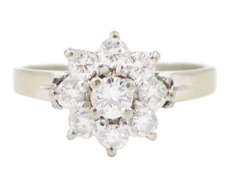 18ct white gold seven stone round brilliant cut diamond cluster ring, stamped 750, total diamond weight approx 0.55 caratCond