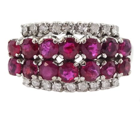 Four row ruby and round brilliant cut diamond ringCondition Report:Approx 4.25gm, stamped 18K but testing 60% silver, 20% gol