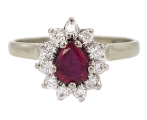 18ct white gold pear cut ruby and round brilliant cut diamond cluster ringCondition Report:Approx 2.8gm, size I, overall head