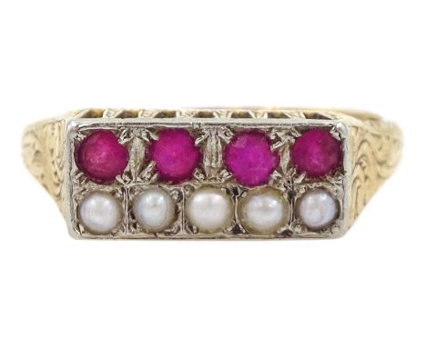 14ct gold synthetic ruby and pearl ring, stampedCondition Report:Approx 3.9gm, size N-O, tested 14ct