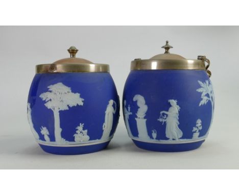 Two early 20th century dip blue biscuit barrels: One with stapled repairs &amp; the other item missing is handle. (2) 