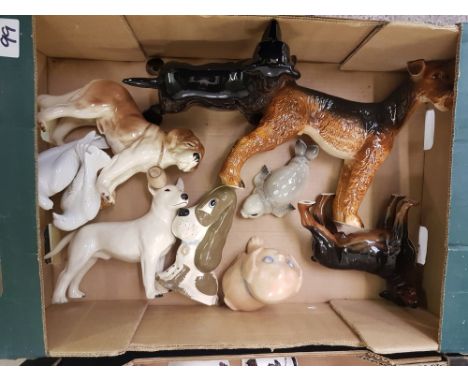 Tray containing a Large Collection of Ceramic Dogs and Other Animals: Beswick, Szeiler etc. 