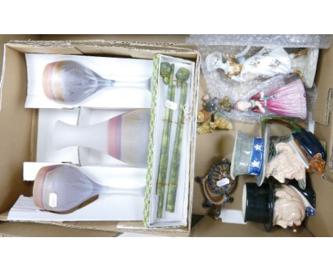 A mixed collection of item to include: Decorative Glass carafe / glass set, Wade Whimsies, Royal Winton Toby Jugs, damaged Le