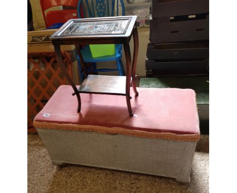 A silver painted Lloyd Loom style blanket box: together with a small Egyptian theme occasional table (2). 