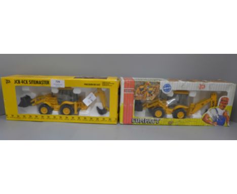 A JCB 4CX Sitemaster vehicle and a Joal Compact Backhoe Loader die-cast vehicles, both boxed 