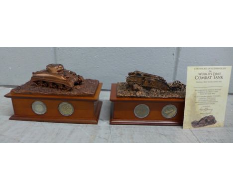 Two Danbury Mint model combat tanks on wooden plinths, boxed 