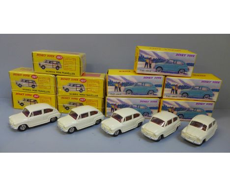 Five Atlas Editions Dinky Toys Fiat 600D and five Morris Mini Traveller, all boxed 