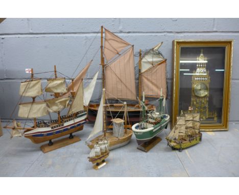 A box of model boats and a Ken Broadbent Big Ben clock collage **PLEASE NOTE THIS LOT IS NOT ELIGIBLE FOR POSTING AND PACKING