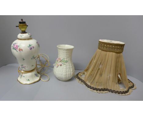 An Olde Bristol Porcelain by Clarice Cliff table lamp and shade and a Belleek vase with brown backstamp, shade a/f 