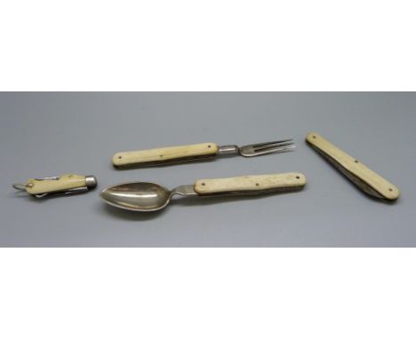 A folding fork and spoon and two other pocket knives, (one blade of small knife a/f) 