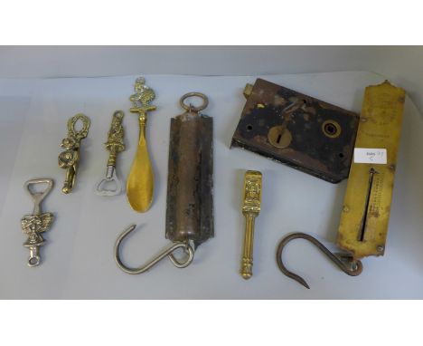 Two spring scales, Salter and Excelsior and other mixed brass and a door lock 