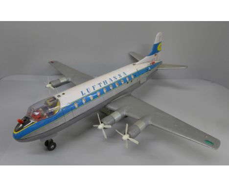 A Tomy Lufthansa model aircraft, battery operated, tin-plate and plastic, made in Japan, length 44cm 