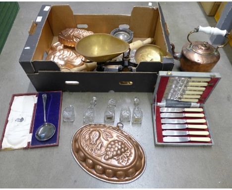 A copper kettle, kitchen scales and weights, jelly mould, plated flatware, etc. **PLEASE NOTE THIS LOT IS NOT ELIGIBLE FOR PO