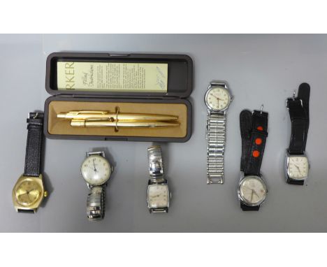 Vintage wristwatches; Yeoman, Timex, Sekonda, Buler and Ruhler and a rolled gold pen and pencil 