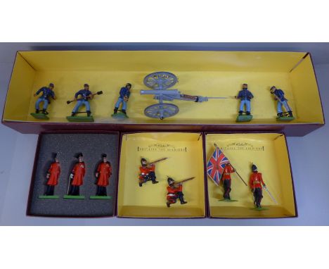 Four Britains model figure sets, Union Gun &amp; Crew, Sherwood Foresters x2 and The Chelsea Pensioners 