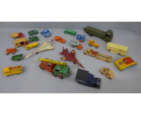 Die-cast model vehicles, Lesney including Coca-Cola, Crescent, Benbros, a tin-plate tank and an empty Dinky Supertoys 905 box