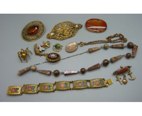 Costume jewellery including an Art Deco agate necklace, an agate brooch, a spider brooch and pendant, a faith, hope and chari