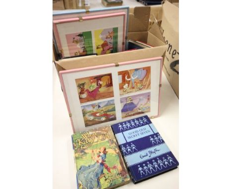 Carton containing three framed & glazed Walt Disney prints, 11 vintage children's books including Enid Blyton