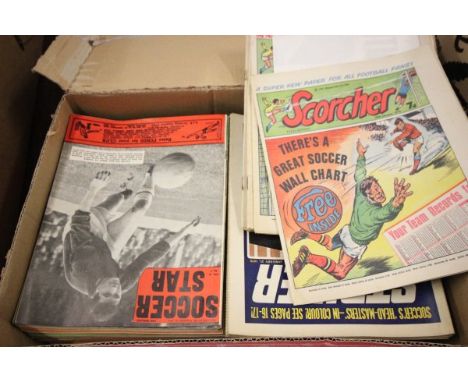 Two boxes of vintage football magazines including Soccer Star, Scorcher, World Soccer and Football League Reviews