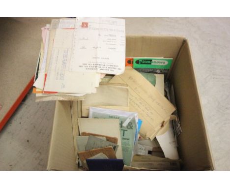 Box of mixed vintage ephemera including Pitman News, Wills. letters, documents etc