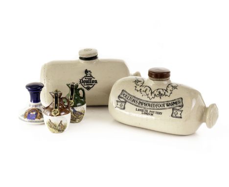 Two Doulton stoneware bottles, together with a Denby example, plus a small selection of ceramic whiskey miniatures, including