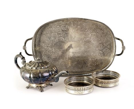 A Viner's silver plated three piece tea set, together with a pair of presentation plate wine coasters, two silver plated tray