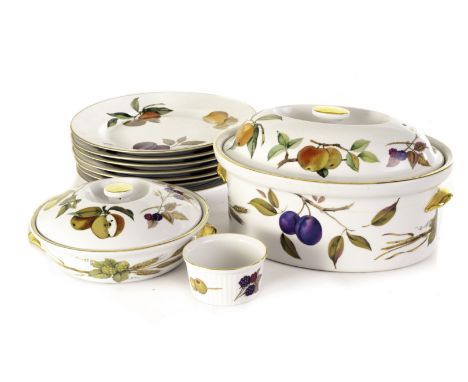 A collection of Royal Worcester "Evesham" pattern dinner ware, inc tureens, dinner plates, side plates, bowls, cups, saucers 