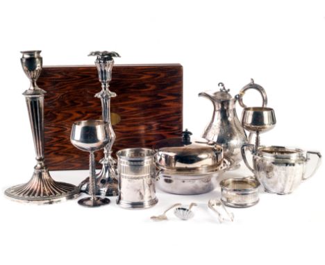 A collection of silver plated items, to include a part canteen of dessert flatware, an Old Sheffield Plate candlestick plus a