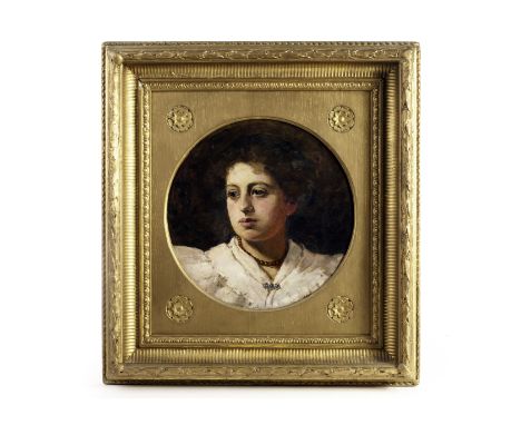 A late 19th century oil on canvas portrait of a lady in bead necklace, facing sinister with forlorn expression 35.5cm x 30.5c