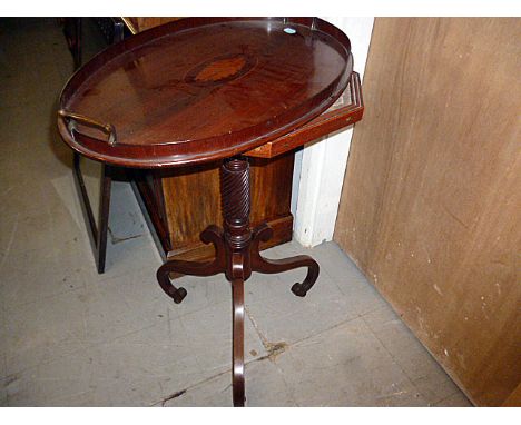 An Edwardian mahogany shell paterae tray, together with a tapestry top tripod table