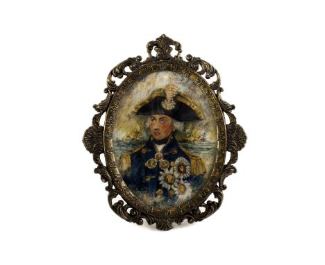 An oval miniature portrait of Nelson,  the over painted print, in gilt metal frame, 12cm 